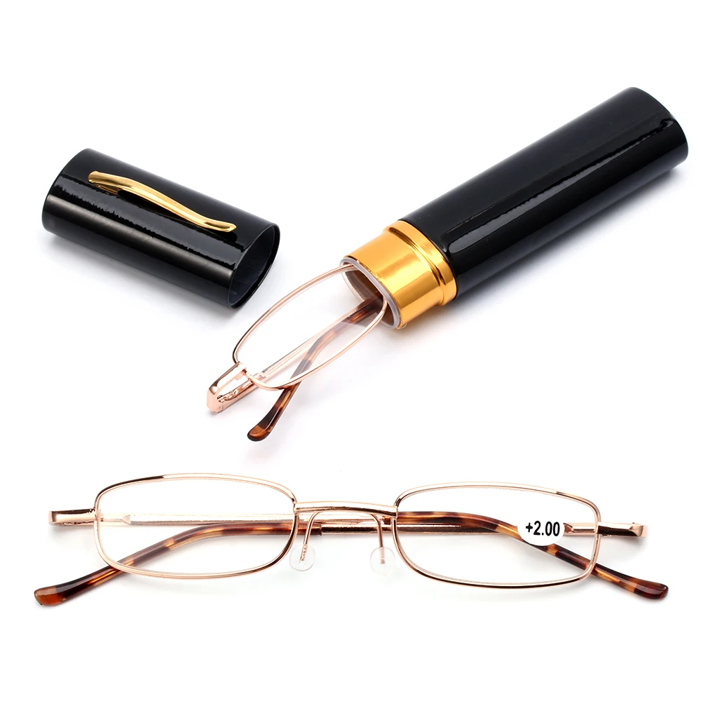 Unisex-Lesebrille mit Stiftrohretui Tragbare Presbyopie-Brille Metallgehäuse Federscharnier Brillen