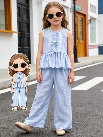 Girls Blue Striped Ruffle Top and Pants Set