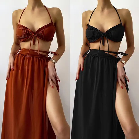Solid Color Bikini Chiffon Cover Skirt Strap Swimsuit