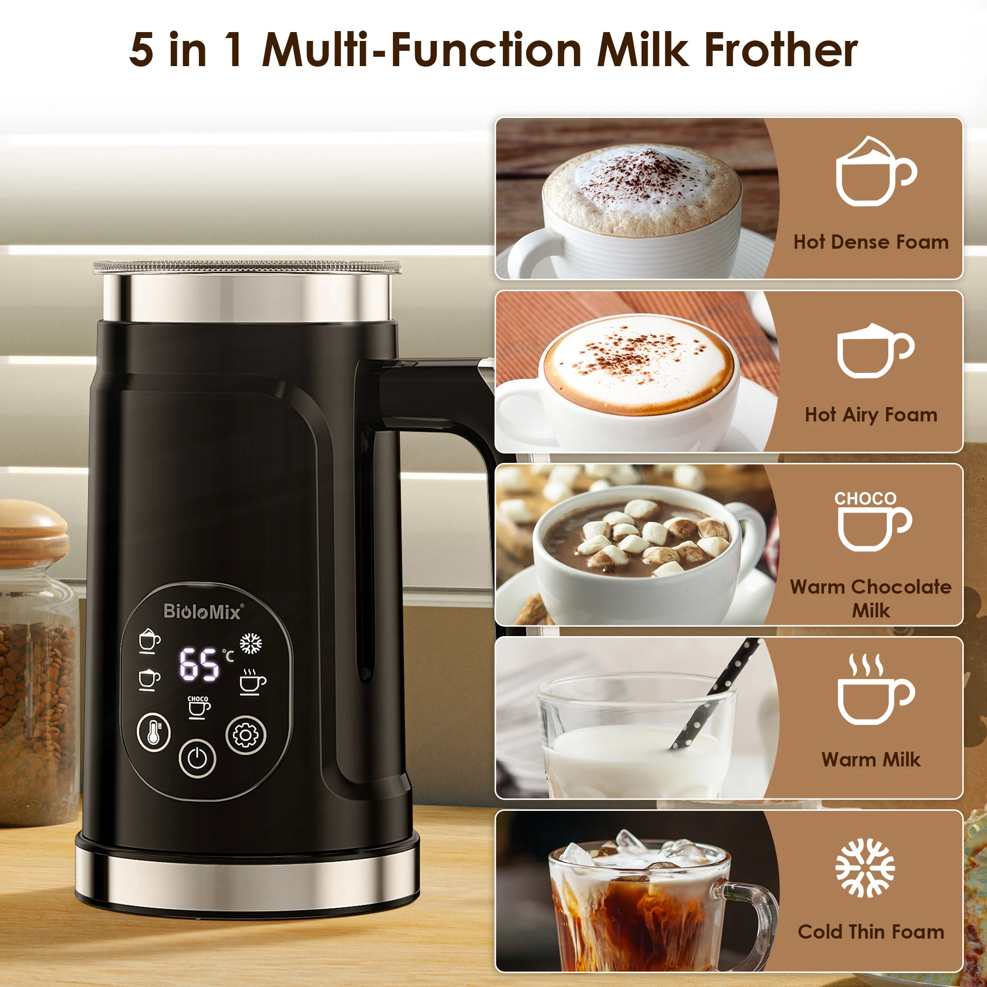 BioloMix 5-in-1-Smart-Milchaufschäumer mit LED-Touch-Display Stilschaum für Kaffee und 2