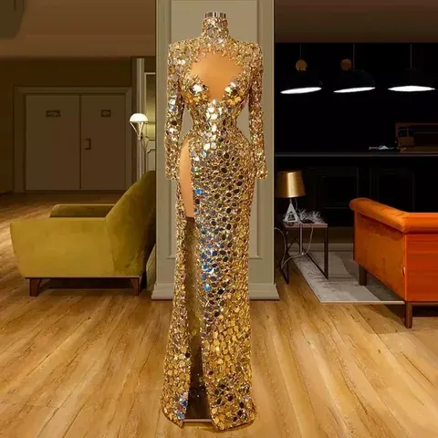 Gold Spiegel Pailletten Abendkleider Luxus Meerjungfrau Perlen Hoher