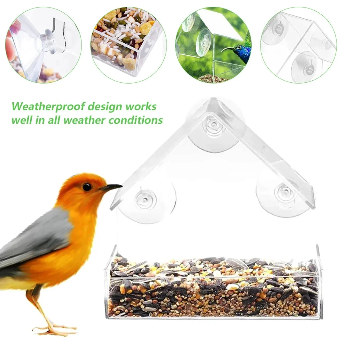 Haus-Futterspender mit Transparentem Fenster Wildvogel-Motiv Herausnehmbare Saugnäpfe für 2