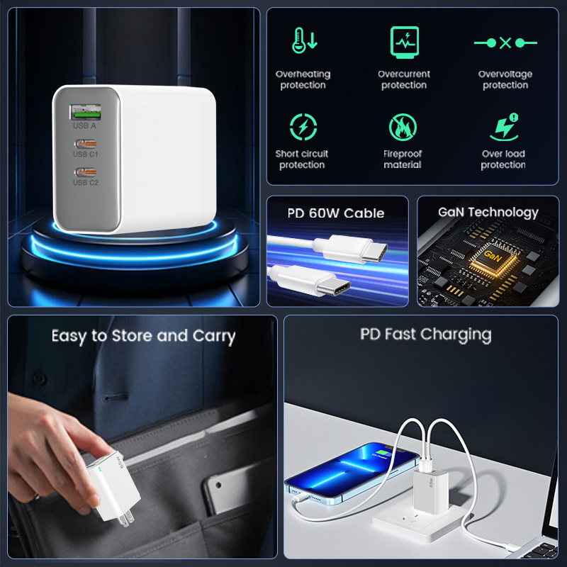 65W GaN Wall Charger Multi-Port USB 3