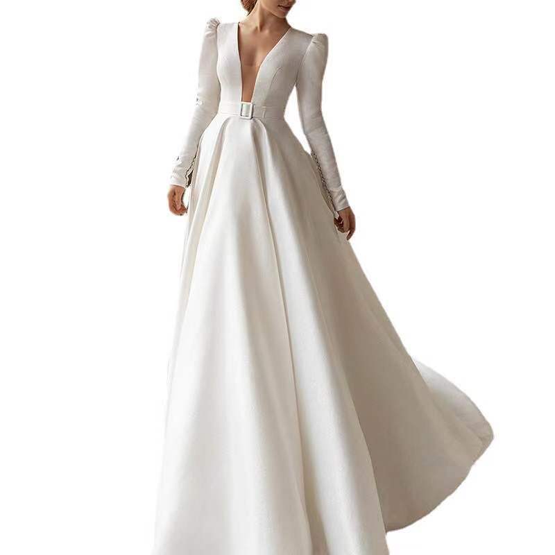 White Satin Dress with Long Skirt