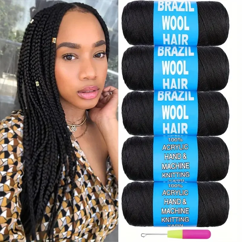 3-12 Rollen Schwarzes Brasilianisches Wollhaar-Acrylgarn für Afrikanisches Synthetisches