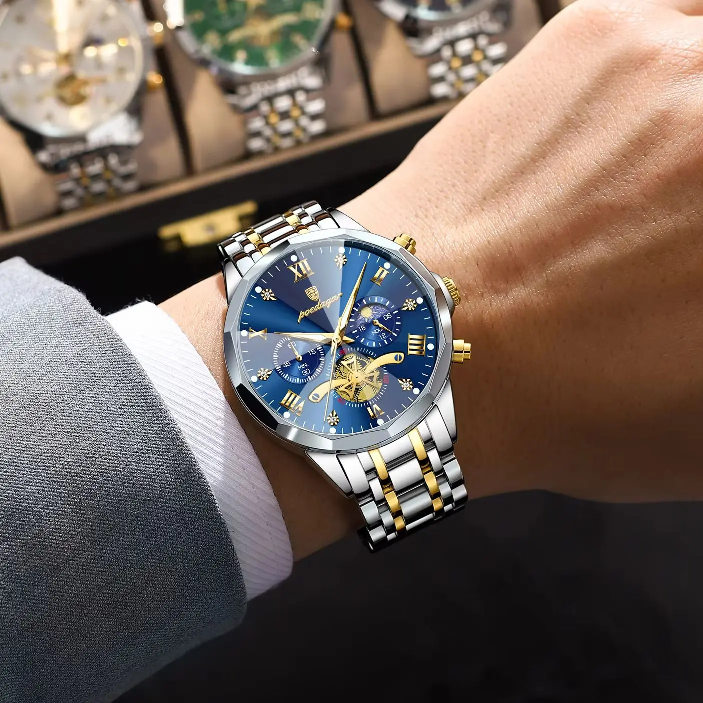 POEDAGAR -Luxus Original Herrenuhr Wasserdicht Leuchtend Chronograph Herren-Armbanduhr 4