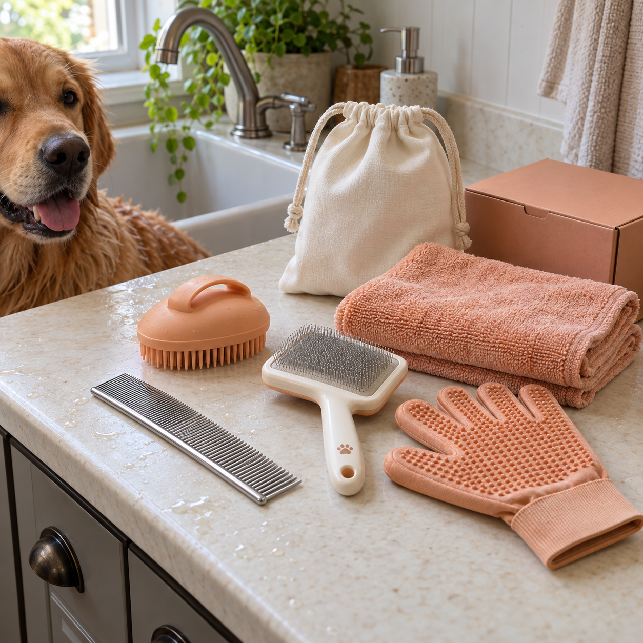 Pet Grooming Gift Kit With Bath Brush Slicker