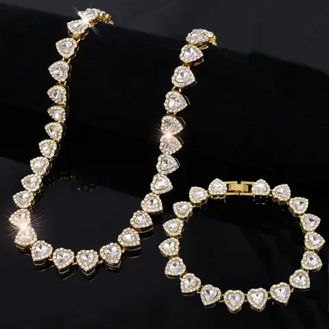 Heart Rhinestone Hip-Hop Jewelry Chain Set