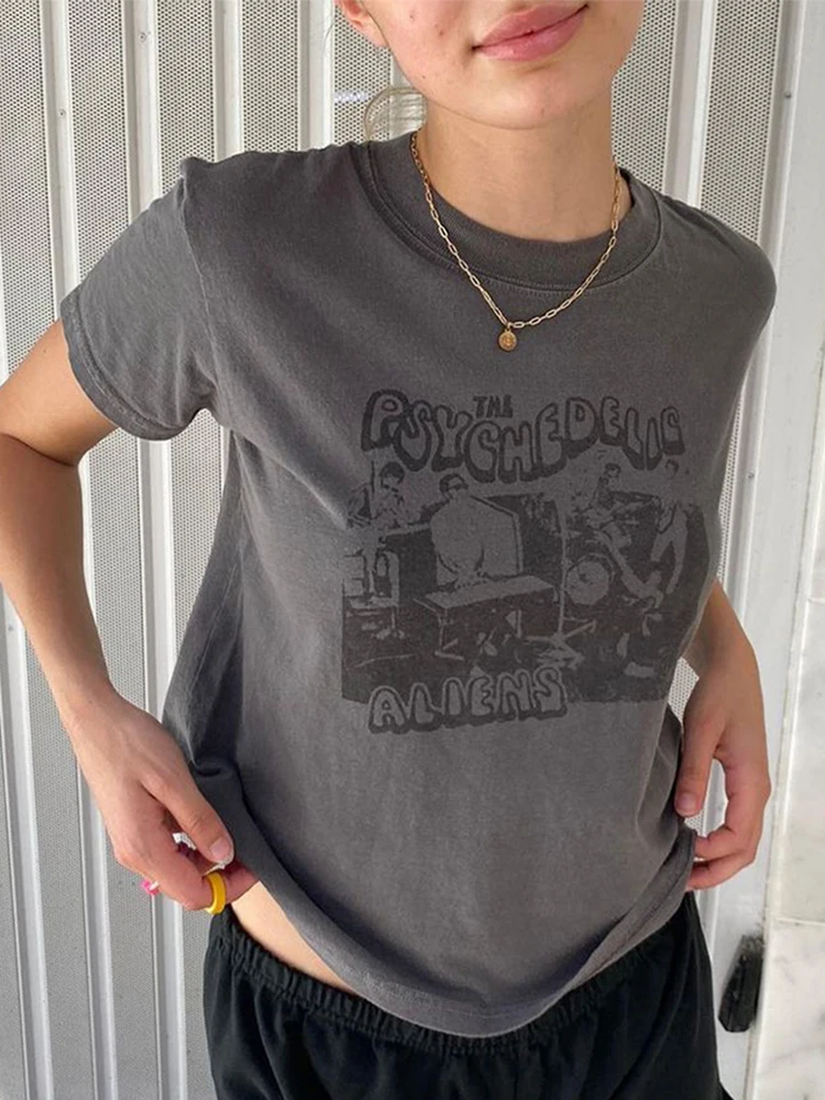 Klassische Rock Grafik T-Shirts Frauen Lässig Sommer Grau 2