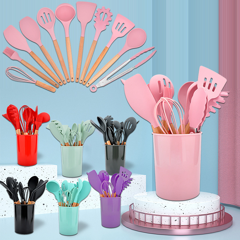 12-Piece Silicone Kitchen Utensil Set Wooden Handle