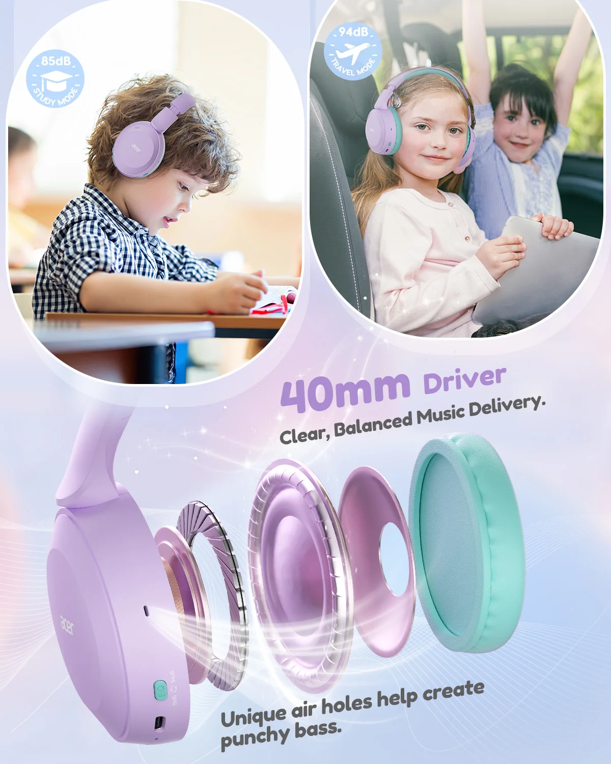 Acer OHR668 Kinder Bluetooth 6.0 Kopfhörer mit Lautstärkebegrenzung 2
