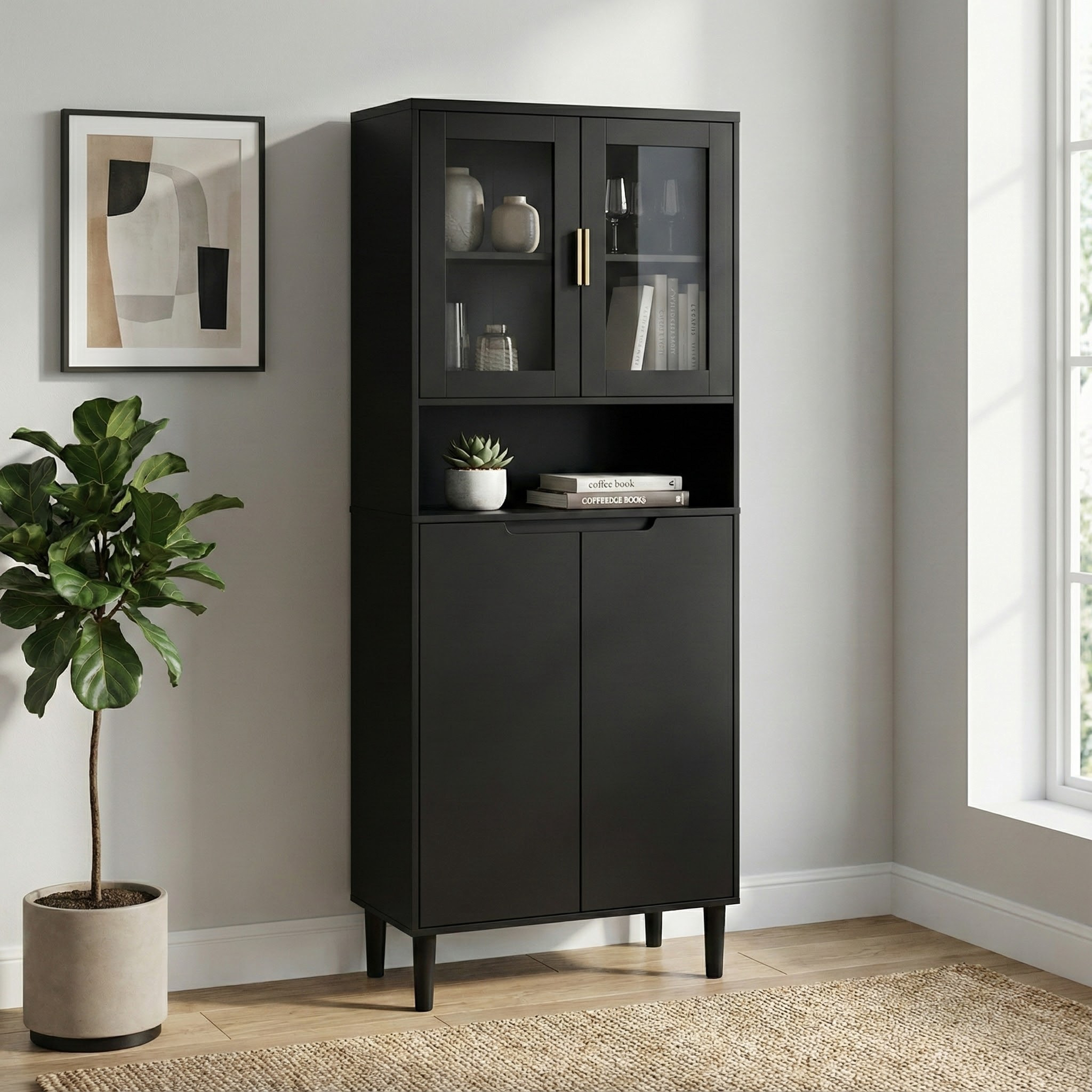 Tempered Glass Door Tall Storage Bookcase With Adjustable