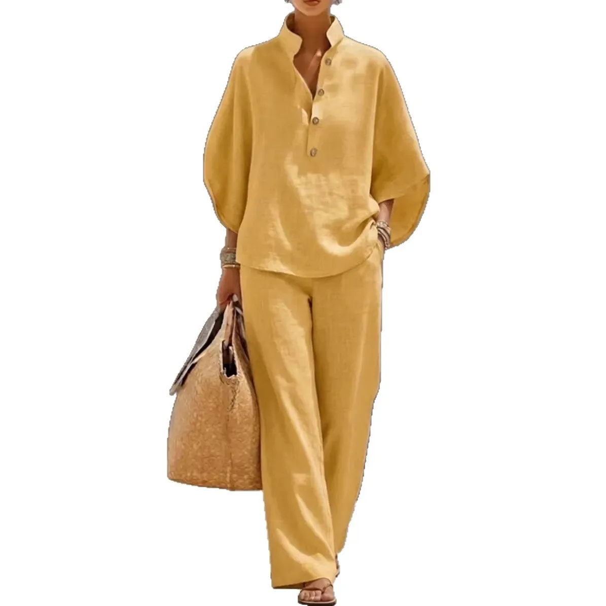 Modisches Baumwoll-Leinen Hosen-Set Damen Lässiger Stehkragen-Knopfoberteil Weite Hose 4