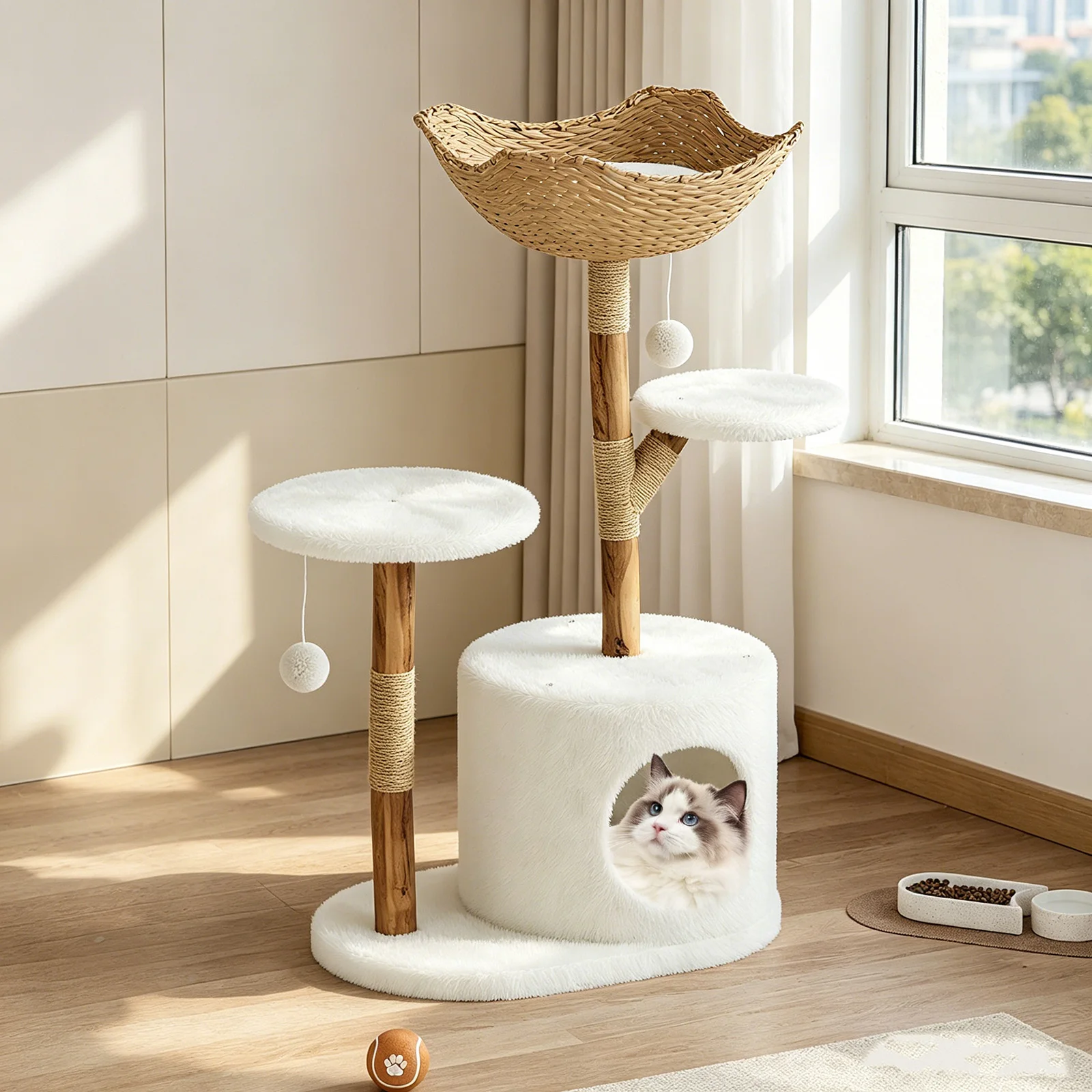 Luxuriöser Moderner Katzenbaum für Wohnungskatzen – Robustes Holz-Katzenhaus