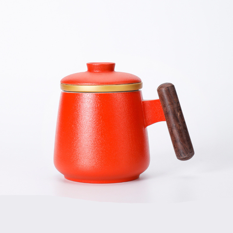 Ceramic Mug Wooden Handle Filter Tea Cup With