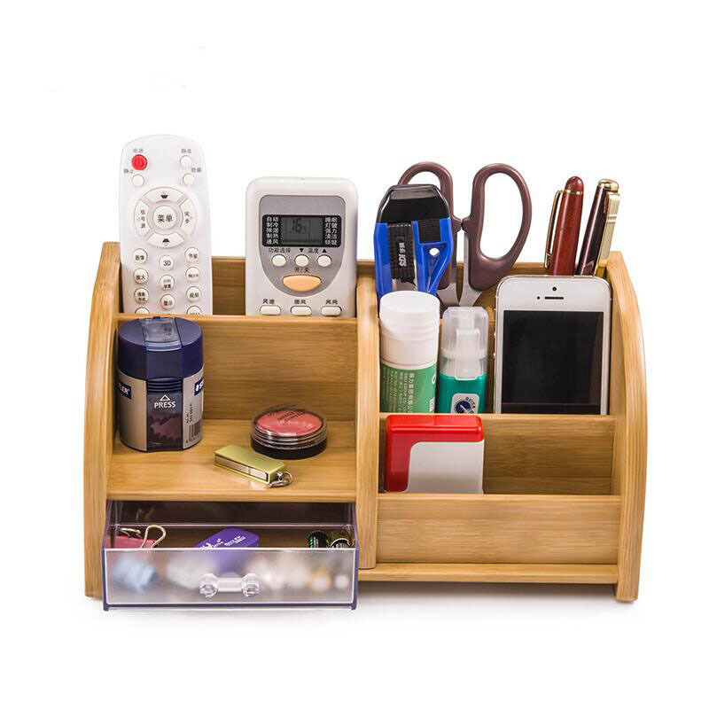 Bamboo Wood Desk Organizer With Drawer Multi-functional Desktop 3