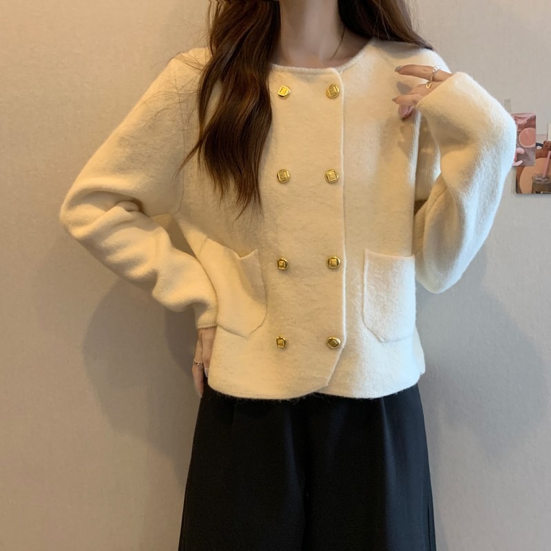 Solid Color Hollow Jacquard Round Neck Breasted Cardigan 2
