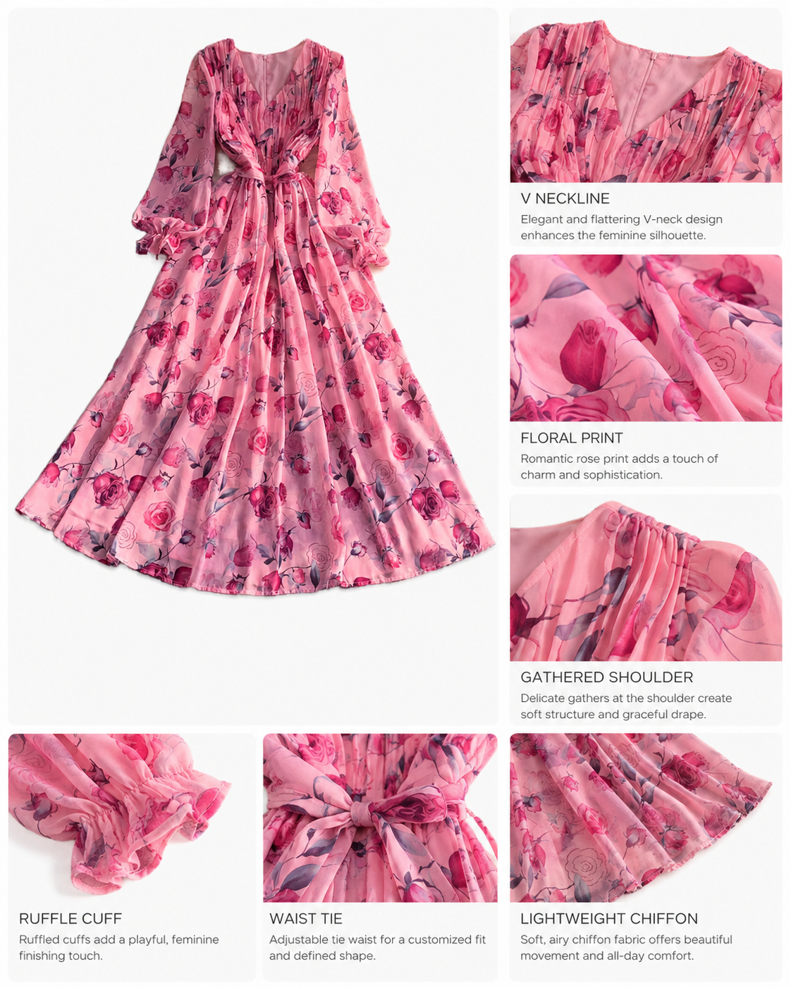 Langarm Maxikleid mit Blumenmuster und V-Ausschnitt 3