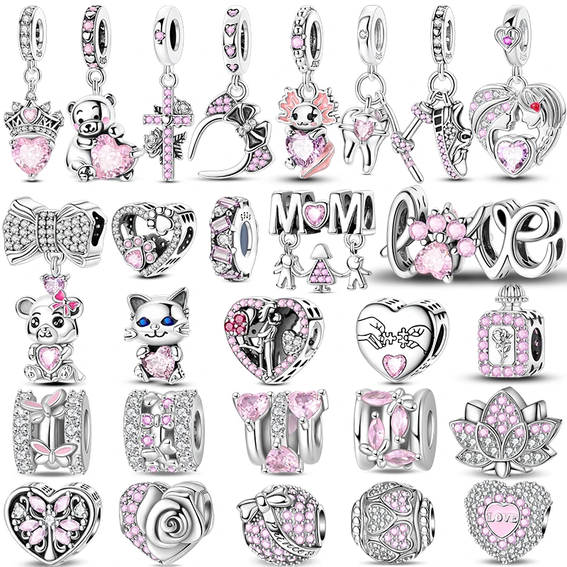 Rosa Charms aus 925er-Sterlingsilber Perlen Schmetterling Parfümflasche Krone