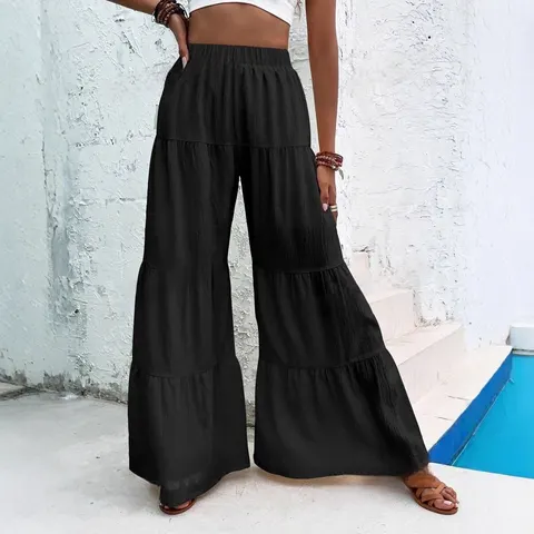 Pleated Elastic Waist Pants Female Wide-leg Casual