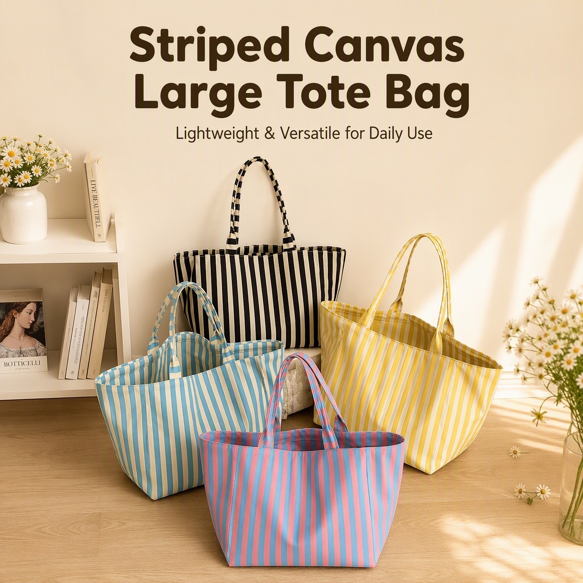 Striped Canvas Large Capacity Tote Bag 2