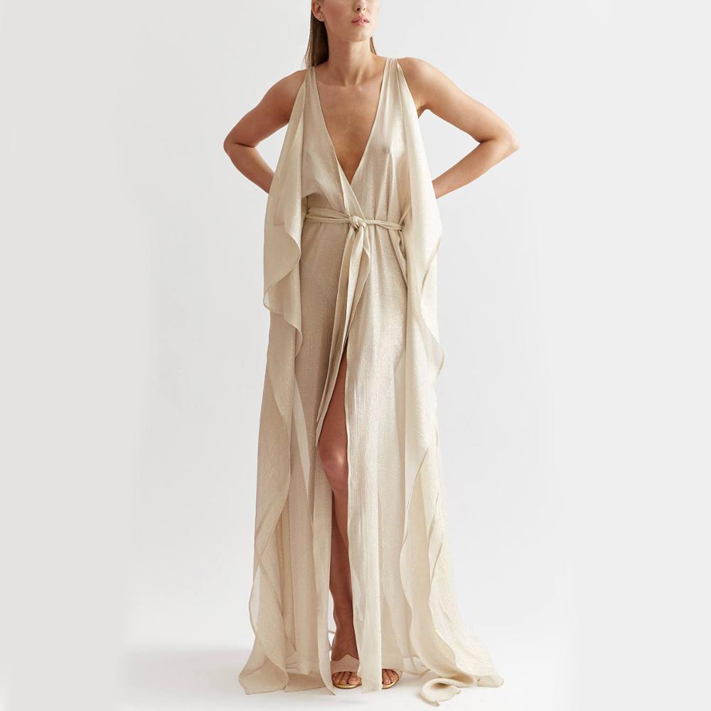 Champagne Satin Maxi Slip Dress Asymmetric