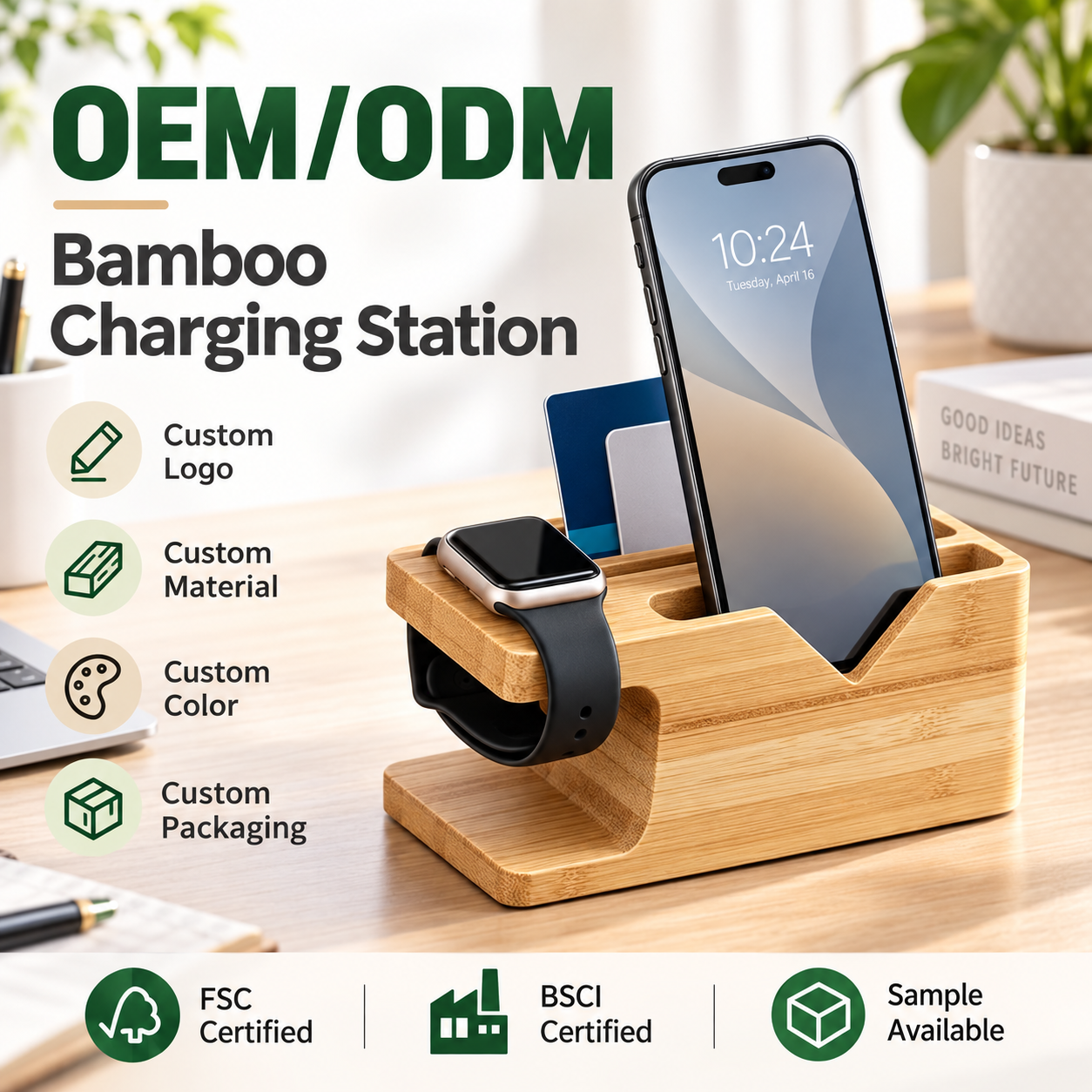 Bambus-Ladestation für Smartphone und Uhr