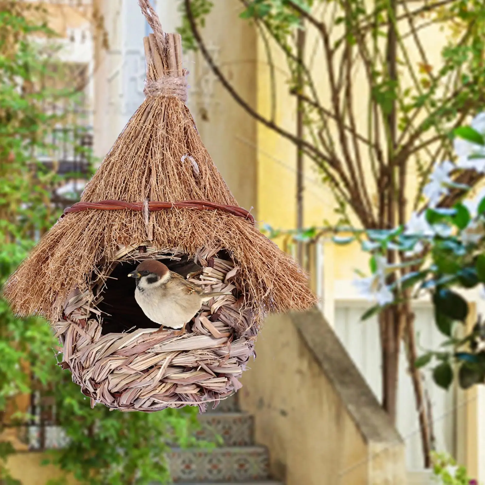 Wren Finch Hängendes Vogelhaus Handgewebtes Vogelnisthaus Gras-Vogelhütte Kolibrihaus
